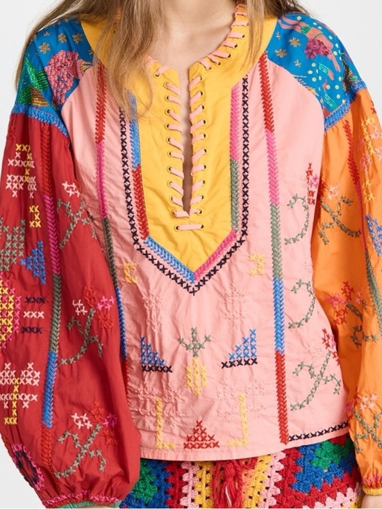 FARM Rio Tops - FARM Rio Pink Yellow Multicolor Embroidered Peasant Blouse